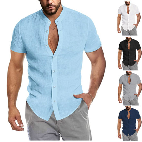 2024 Amazon eBay AliExpress Summer V-neck Linen New Open Collar Short Sleeve Men's Shirt