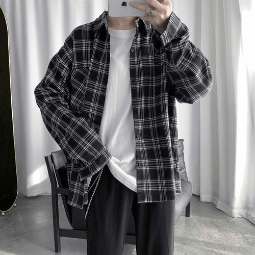 Men's Long-Sleeve Grid Shirt, Korean Style Trendy Matchable Loose Top, Spring and Summer New Arrival, Hong Kong Style Casual Jacket, Instagram Trendy