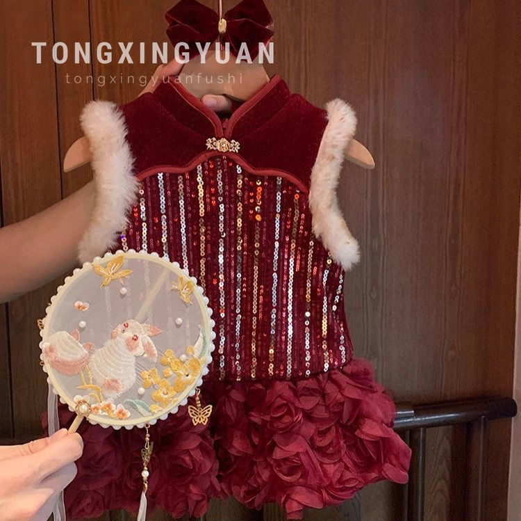 Estrella infantil redonda ropa de niños niñas cheongsam vestido vestido de invierno nuevo vestido de Año Nuevo chino vestido de princesa falda de mujer