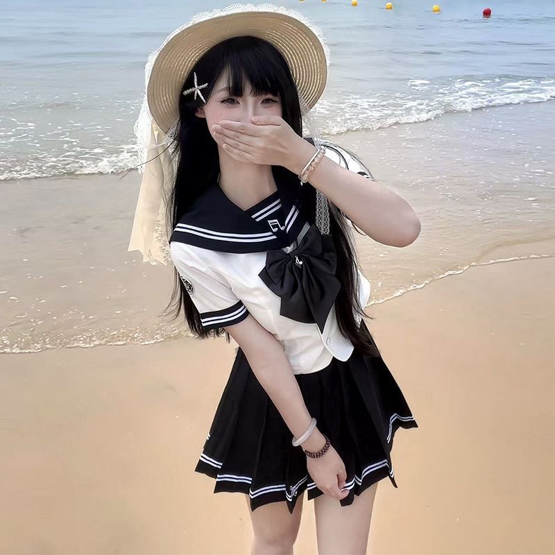 Original Authentic [Lanyin] Sailor Suit Japanese College Style Slim Sweet Short-Sleeve Dress Set Summer Outfit