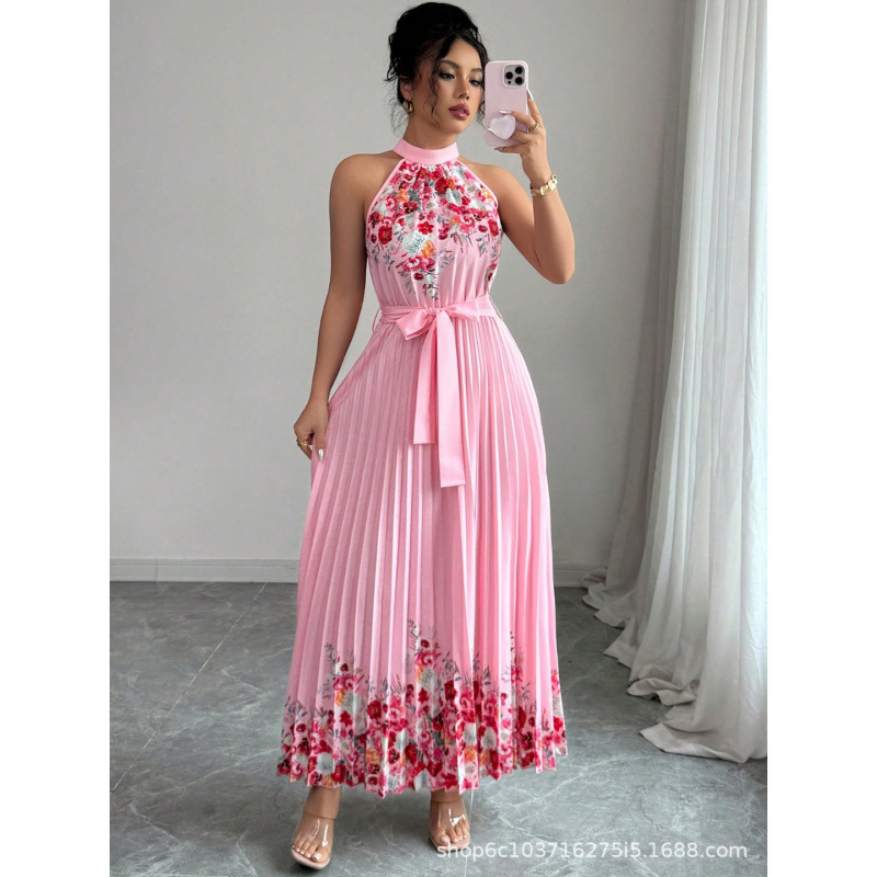 Cross-Border Women's Clothing 2025 New Fashion Printed Pleated Long Skirt Dress