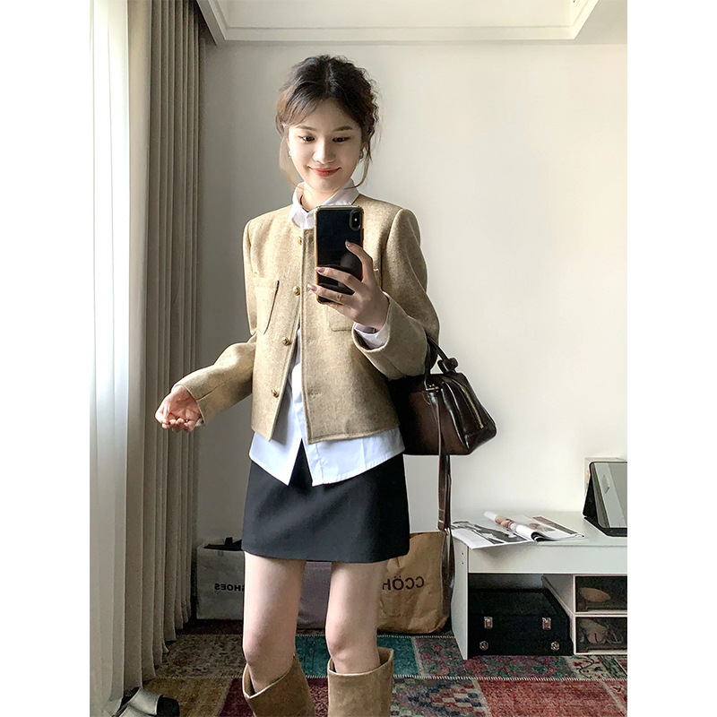 秋季穿搭一整套高级感小香风金扣外套条纹衬衫呢子短款半裙两件套|undefined