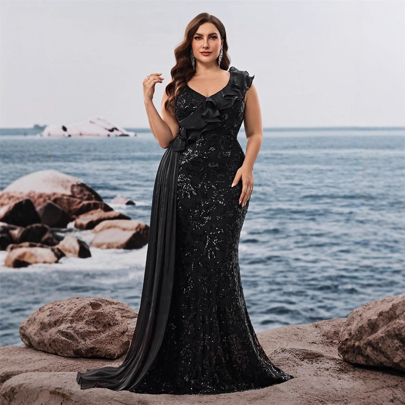 European and American Plus-Size Elegant Sequin Splicing Fitted V-Neck Ruffle Sleeve Cocktail Evening Dress for Moms