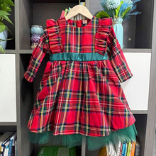 2025跨境圣诞节童装女童大蝴蝶结格子长袖连衣裙网纱拼接秋蓬蓬裙