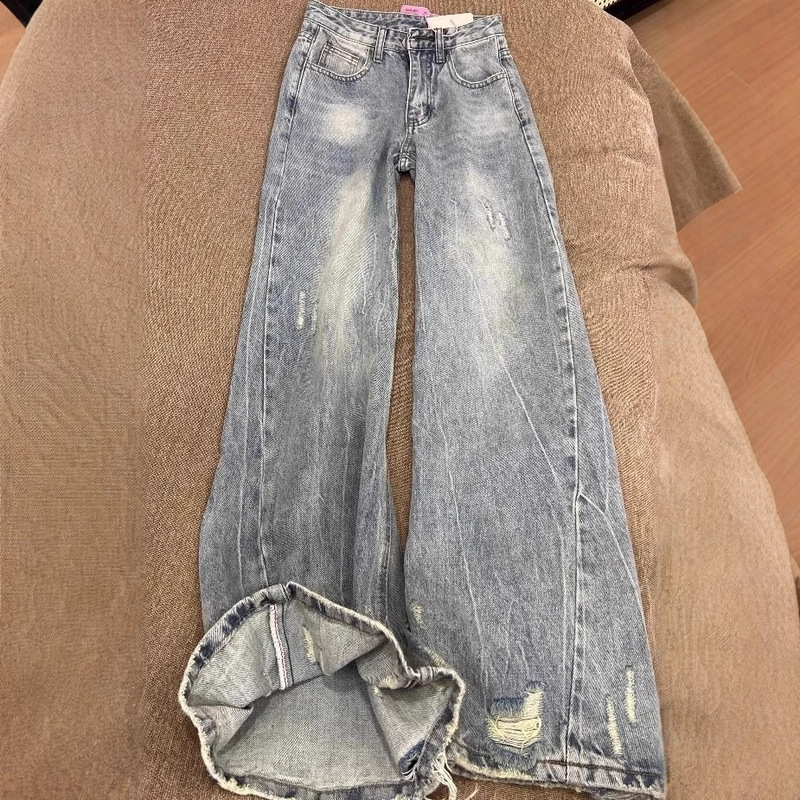 Designed Frayed Loose Straight Jeans for Women Summer New Style Washed and Distressed High-Waisted Slim Floor-Length Wide-Leg Pants