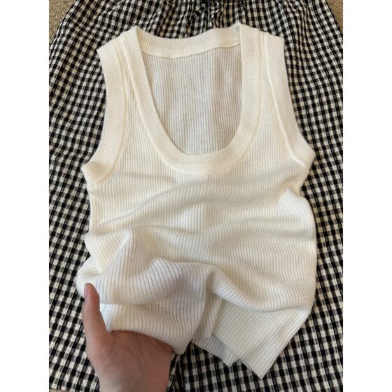 Ice Silk U-Neck Knitted Vest Women's Covering Milk Base Top Summer Texture Sense Spice Girl Style Sleeveless Sling