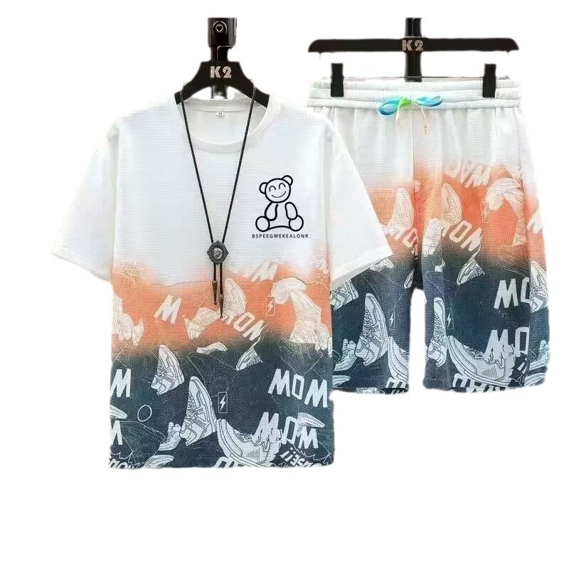 Camisas menos ropa verano delgado comercio exterior traje deportivo oso estampado digital para hombres pantalones cortos casuales de manga corta de dos piezas