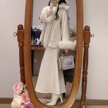 「江南初雪」2025冬装新中式国风羊毛狐狸毛领毛呢外套连衣裙套装