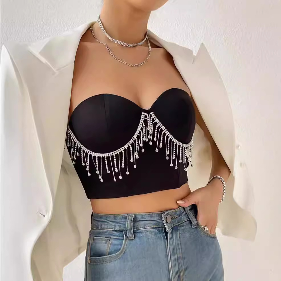 (2개) INS 스타일 폭발 스파이스 걸스 필요한 다이아몬드 술 생선 뼈 유방 외부 착용 내부 배꼽 튜브 탑 여름 0778