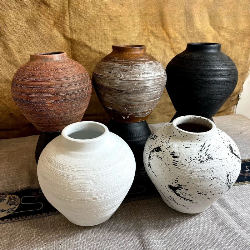 Chinese Vase, Retro Handmade Ornaments, Large Diameter Flower Arrangement, Dried Flowers, Stoneware Pot, Hydroponic Flower Device, Wabi-Sabi Style Vase