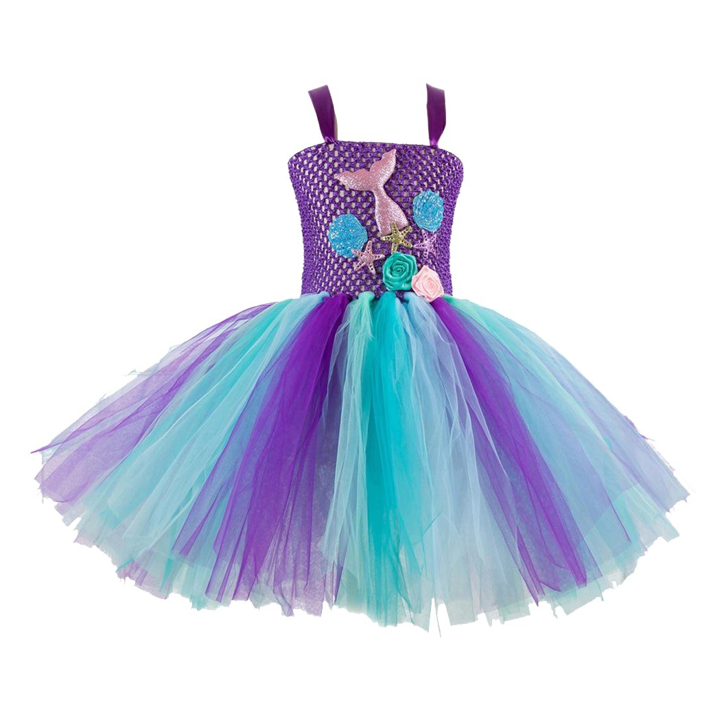 Vestido de las niñas tocado libre sirena verano europeo y americano niños ropa malla princesa vestido cospaly rendimiento fiesta