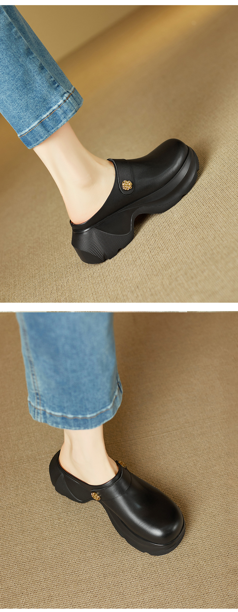 Dép sandal nữ đế bánh xốp cao, mũi kín, phong cách lười thời trang — đen chi tiết 5
