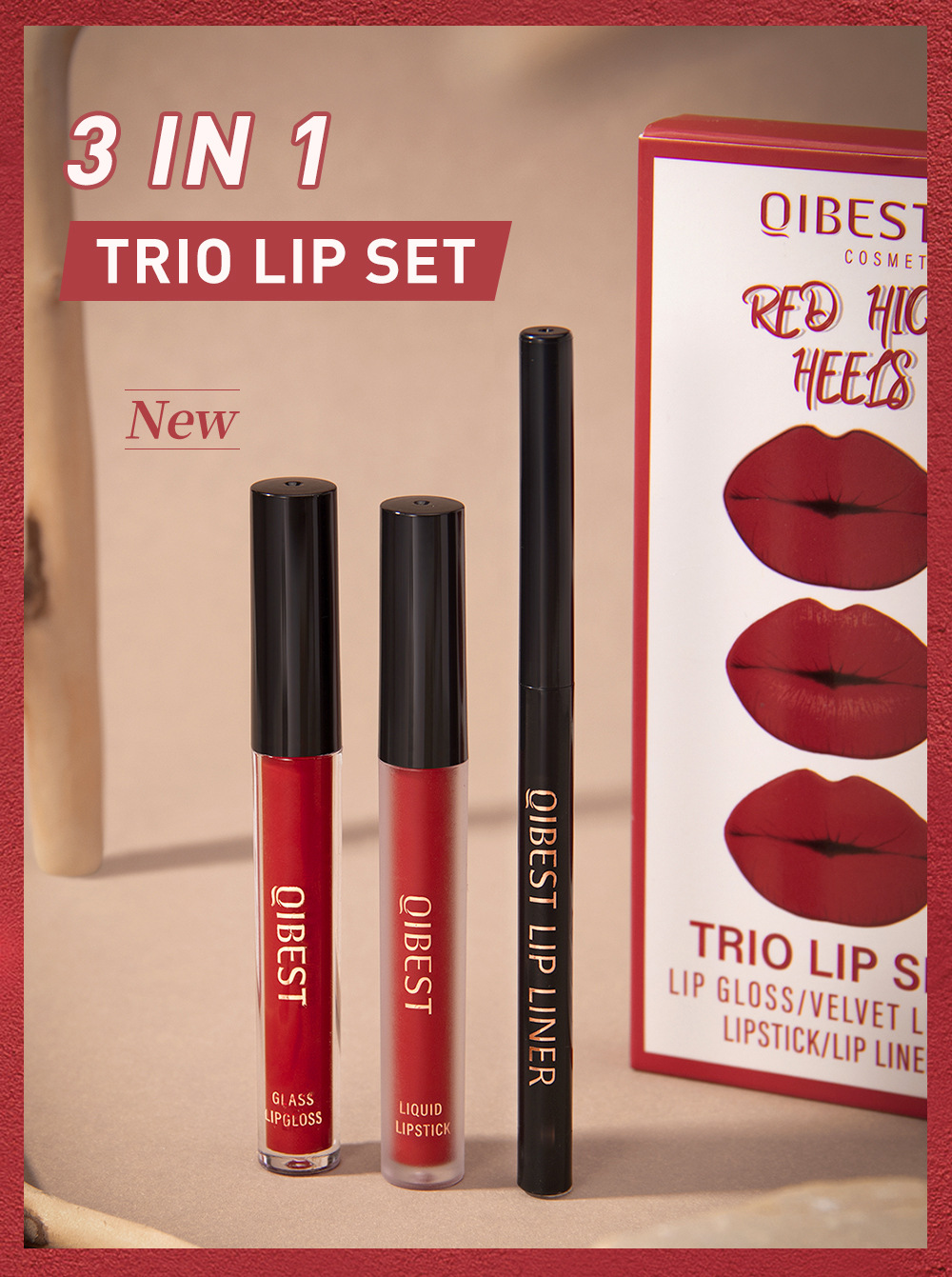 QIBEST Cross Border non-stick cup non-fading lip glaze matte mist moisturizing lip line set 3-in-1 Makeup details Picture