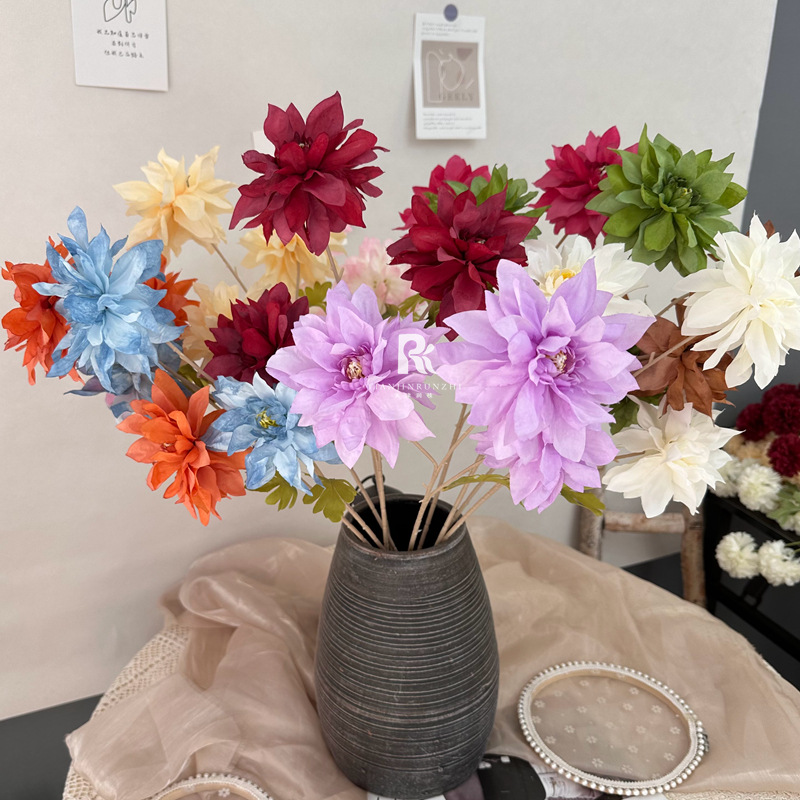 Oil painting 3 heads large dahlia artificial flowers wedding flowers cactus flower engagement party flowers floral arrangement home wedding decoration flowers