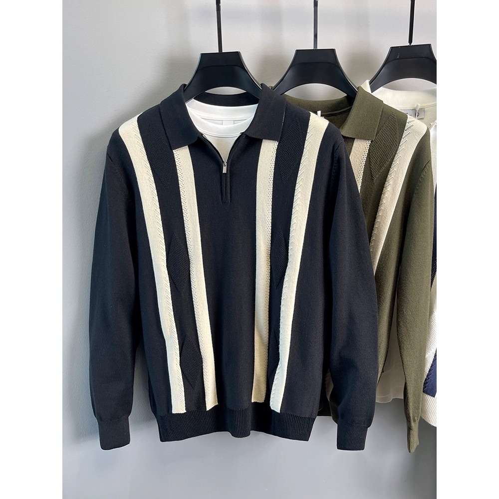 Men's Clothing Men's Half Zip Striped Shirt Collared Knit Sweater Autumn Winter Top Fashionable Warm Clothing For Men_voghion.com