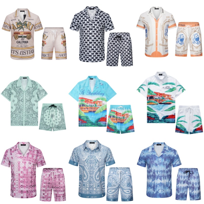 Foreign Trade Cross-border Wholesale Men's Shirts Autumn and Summer Trendy Brand AMIRI Full Body Letter Printed Short-sleeved T-shirt Two-piece Set