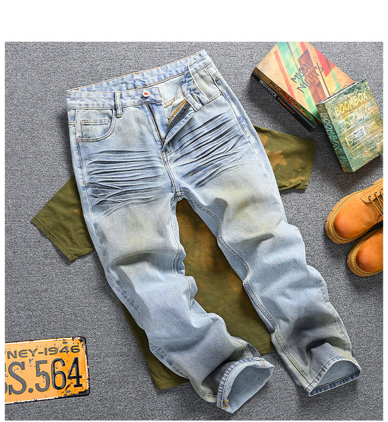 Men's Vintage Washed Jeans - Relaxed Straight-Leg High Street Denim Pants With Wave Crease Design, Light Blue_mkmklike.com