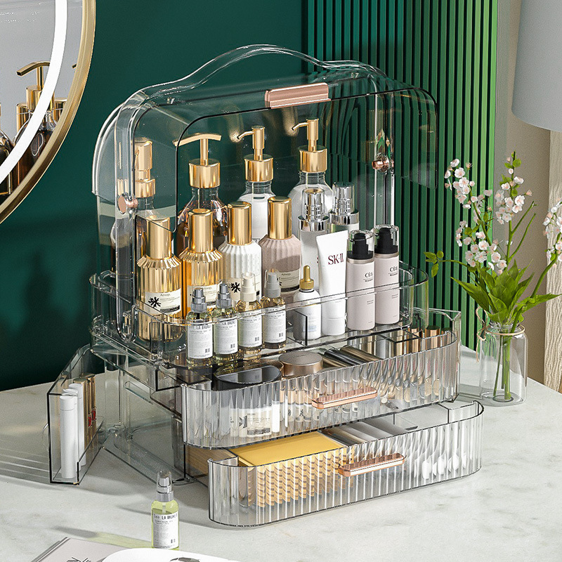 Caja de almacenamiento de cosméticos de red, caja de almacenamiento multifuncional para productos de cuidado de la piel tipo cajón de gran capacidad