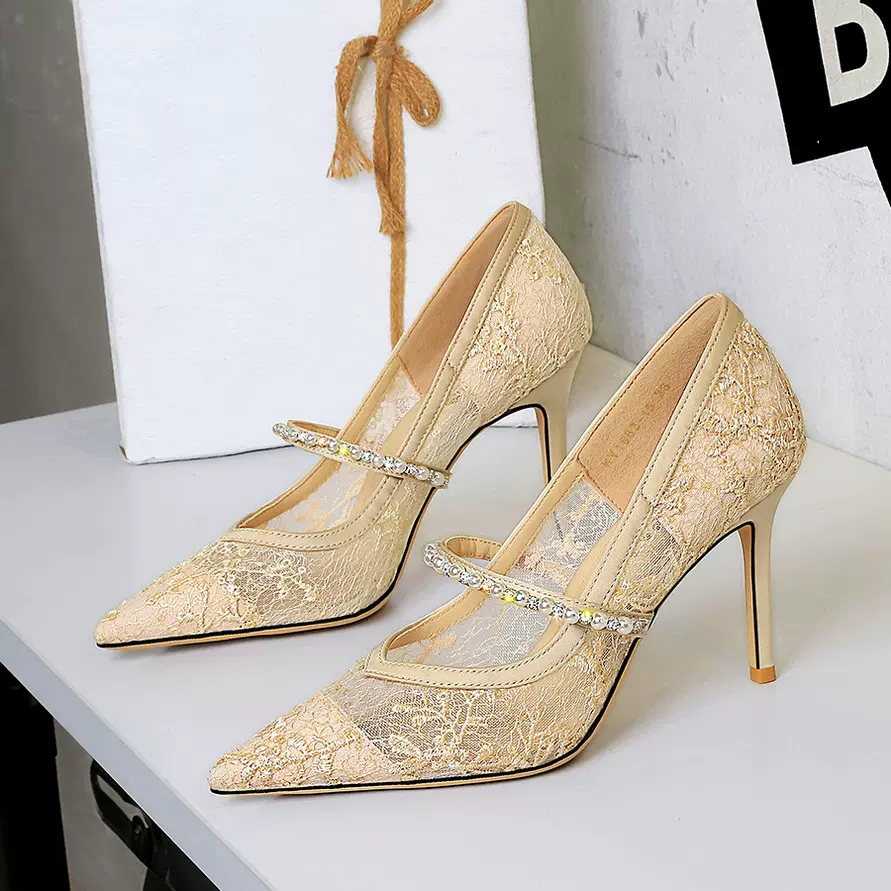 9329-2网纱水钻珍珠一字带细高跟鞋尖头浅口礼服婚纱鞋气质单鞋女