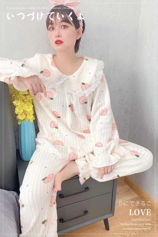 秋冬季珊瑚绒睡衣套装女加绒加厚家居服时尚可外穿法兰绒开衫睡袍|undefined