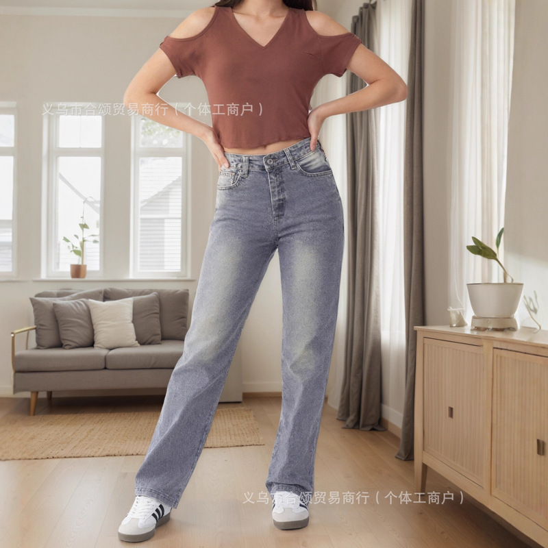 Cross-Border Tik Tok European and American Large Size Export Jeans Women's American Loose Straight Pants Pants Aliexpress Shein