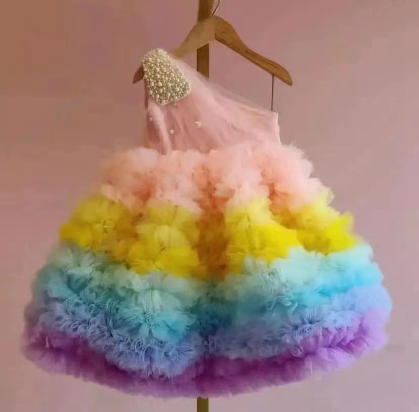 Vestido de niño de un año Vestido de princesa AliExpress Amazon bebé niña vestido niñas Arco Iris color mullido vestido de gasa