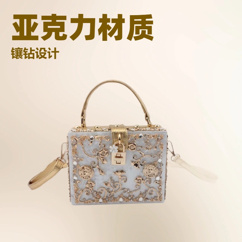 European And American Acrylic Evening Bag Hollow-Out Metal Carved Diamond Inlaid Handbag Shoulder Crossbody Bag For Women