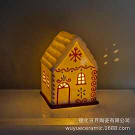 跨境新品陶瓷摆件发光圣诞屋房子欧式镂空桌面装饰夜灯氛围灯现货