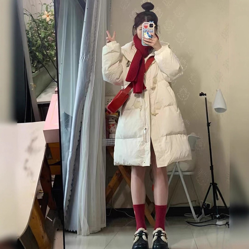 Down Jacket Women's Winter 2025 New Horn Button Mid-Length White and Black Preppy Style Sweet Jacket Trendy