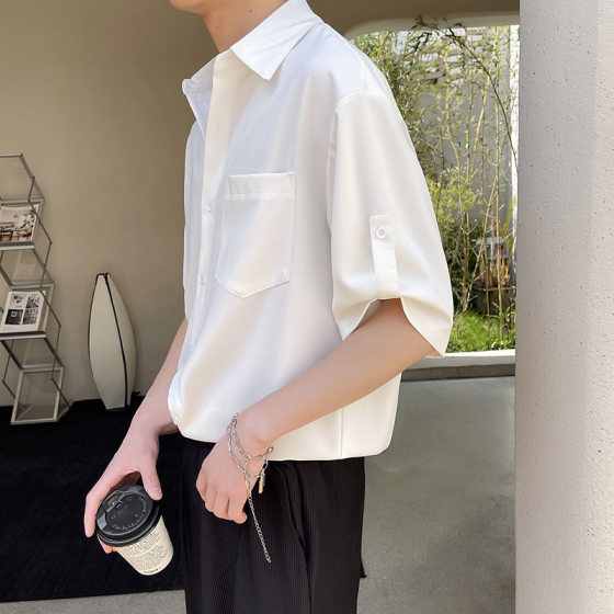 brown Seven-Sleeve Ice Silk Shirt Men's Hanging Sense Korean Style Light Mature Style High-end Sense Spring and Summer Short-sleeved Shirt Ins Trendy