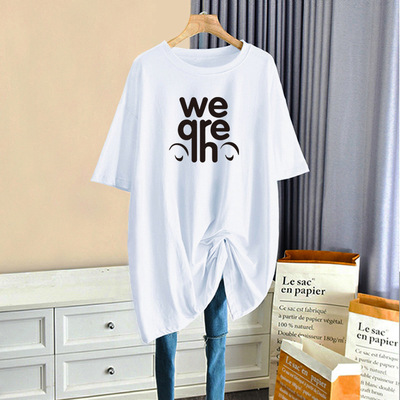 ZC76-纯棉新款休闲大码胖M宽松中长款短袖T恤圆领上衣白色INS潮女|ru