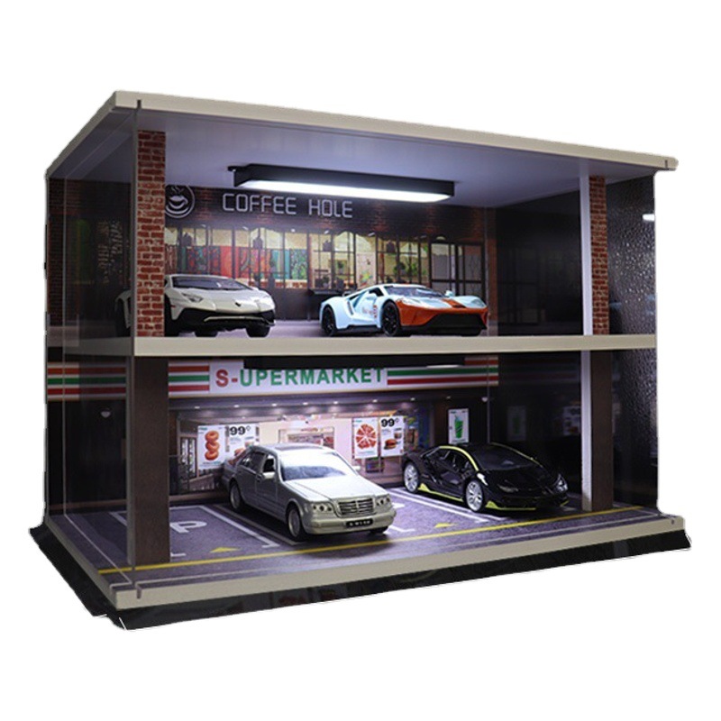 Modelo de mesa de arena de estacionamiento con cubierta de acrílico ligero para disparar modelo de escena de estacionamiento modelo de coche