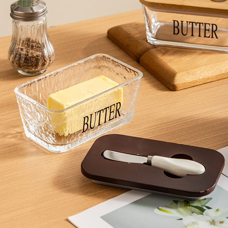 Transfronterizo Amazon nueva cubierta de vidrio queso mantequilla queso pastel caja de postre plato de mantequilla nórdica con cuchillo