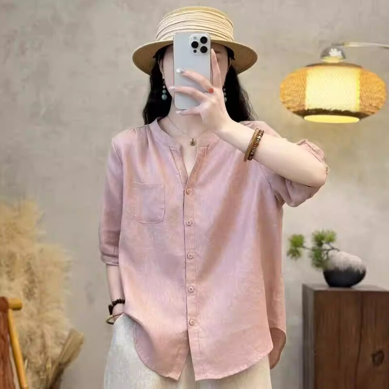 Cotton and Linen Short-Sleeved Plain Shirt for Women, Single-Breasted Slim-Fit Blouse, Summer New Style, Loose and Versatile Cardigan for Women Cotton and Linen Short-Sleeved Plain Shirt for Women, Single-Breasted Slim-Fit Blouse, Summer New Style, Loose and Versatile Cardigan for Women