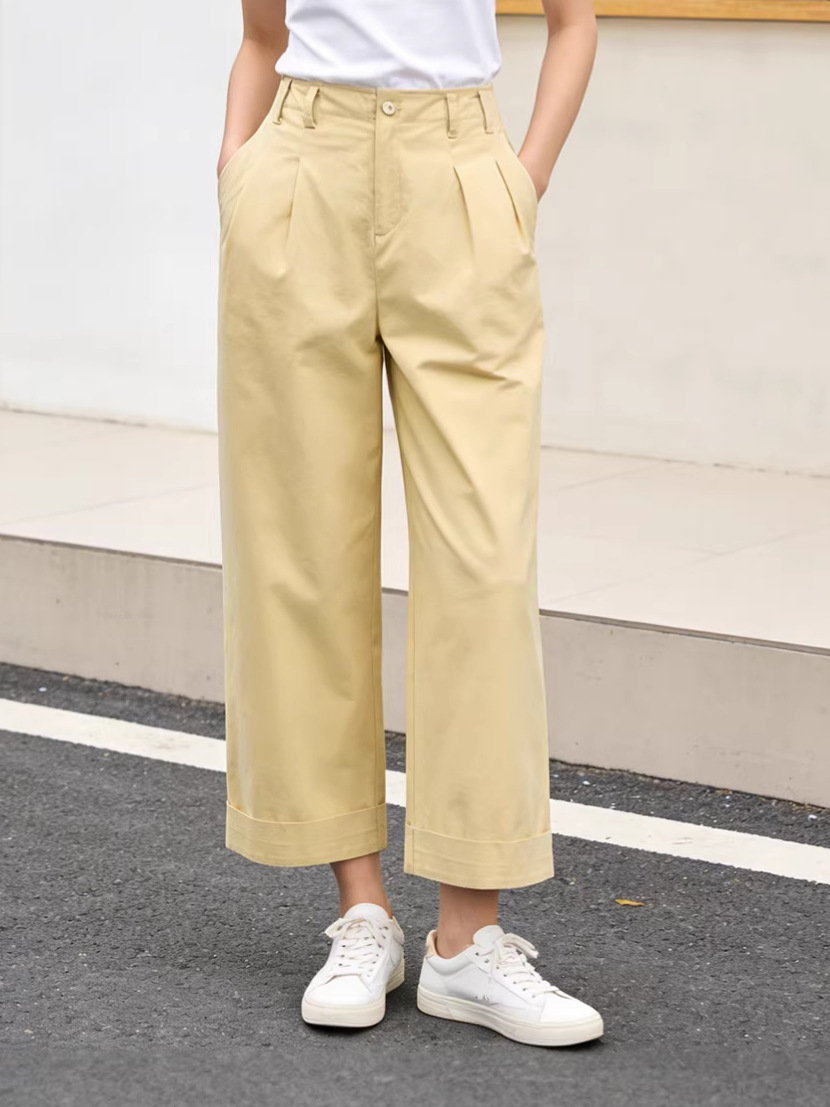Quần culottes nữ ống rộng cạp cao chất liệu cotton wash — màu vàng