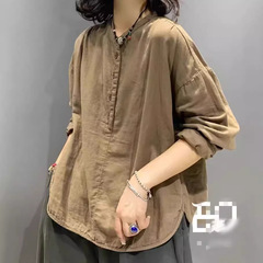 綿糸長袖シャツtシャツ女性2024秋純色ゆるいレトロ文芸カジュアルゆるい底付き上着