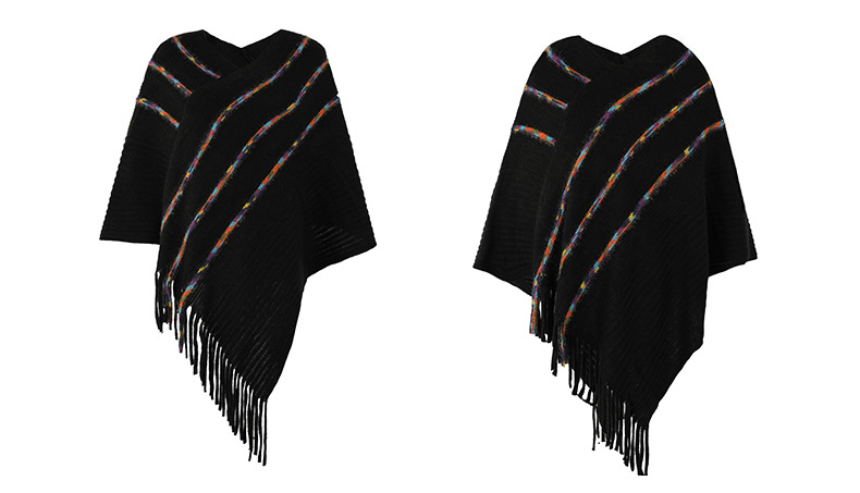 Colorful Striped Fringed Hem Knitted Cloak Shawl Sweater NSMMY83098