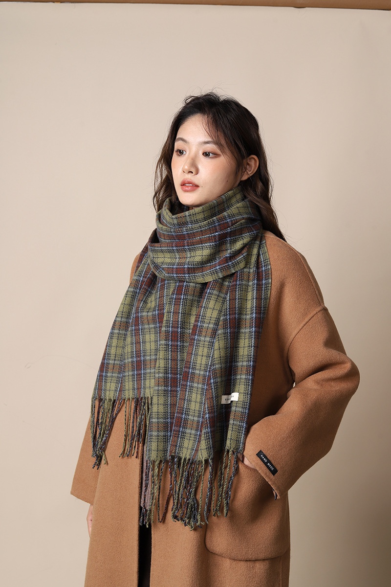 Neues grün kariertes Tuch im koreanischen Stil für Damen, vielseitig einsetzbar im Herbst und Winter, individuell und hochwertig, warmer Schal_voghion.com