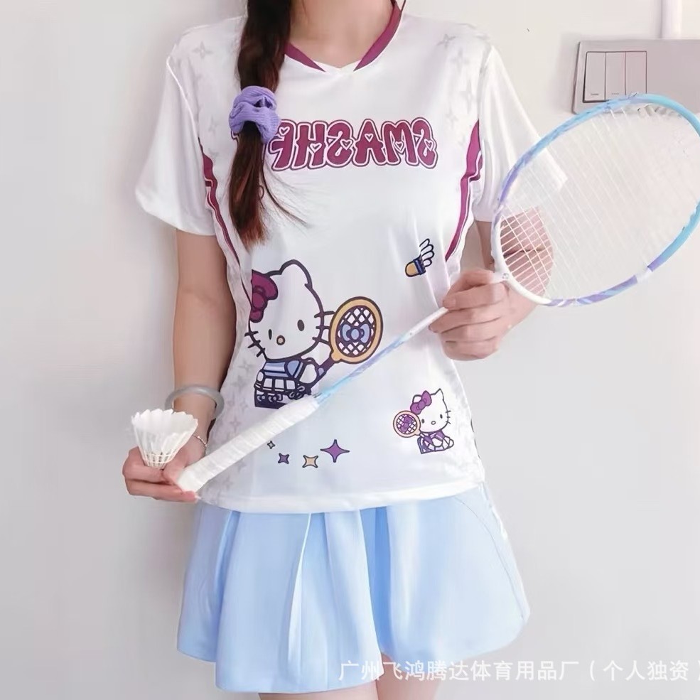 2025 New Quick-Drying Short-Sleeved Badminton Uniform for Girls Kitty Cat Waist Slimming Look T-Shirt Training Uniform
