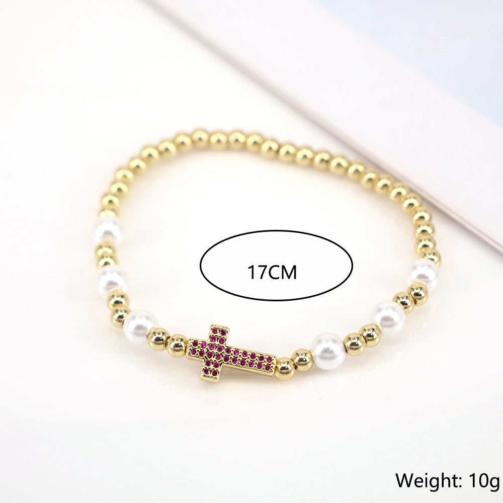 Fashion Cross Copper Bracelets Gold Plated Pearl Zircon Copper Bracelets