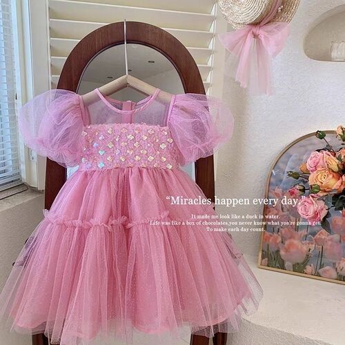 Girls' Dress Summer 2024 New Style Children's Mermaid Princess Puffy Tulle Princess Skirt Western Style Girls' Short Sleeve Dress
