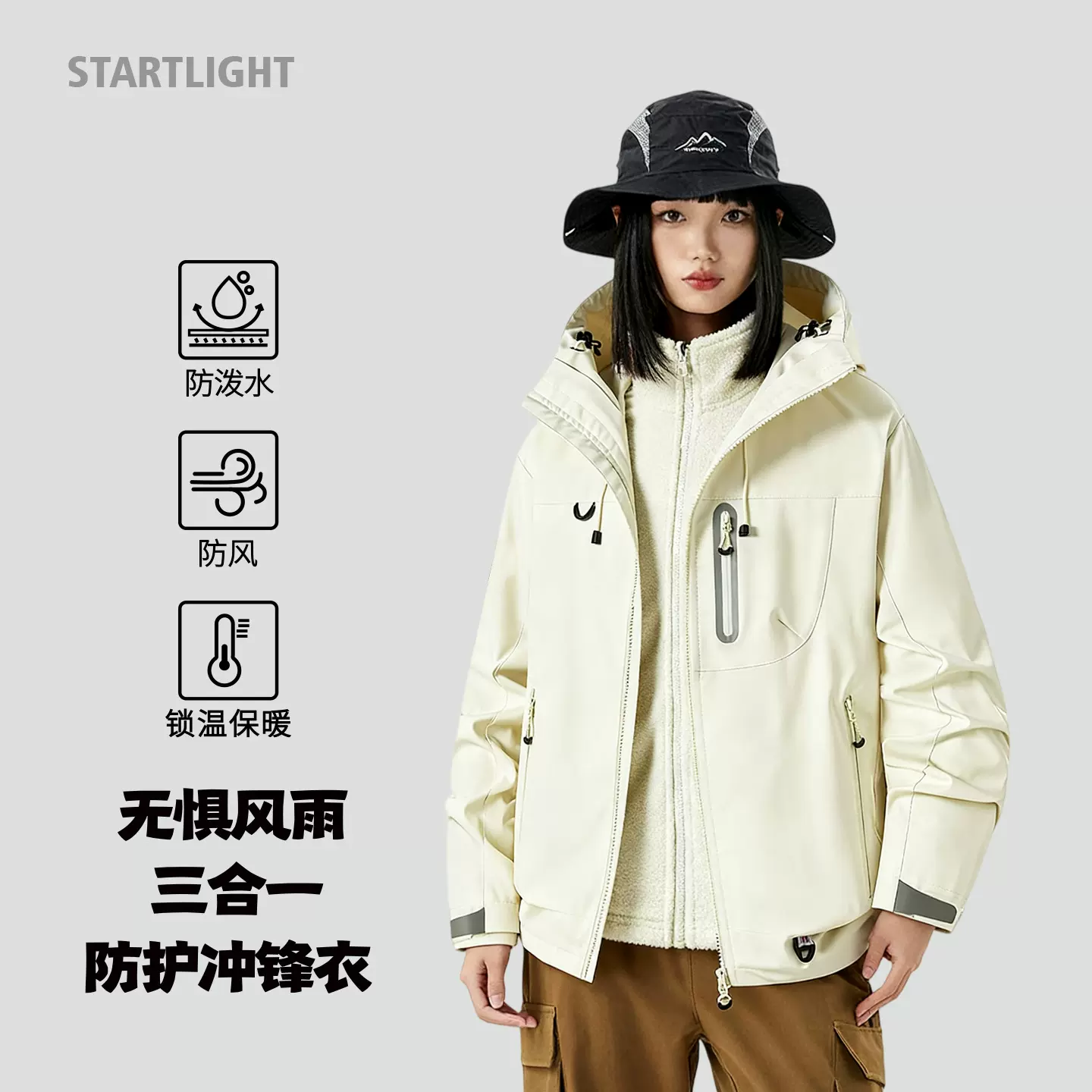 冬季新款户外内胆三合一可脱卸冲锋衣男女同款防水连帽防水外套潮