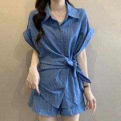 百搭女装夏季时尚感显瘦遮肉设计感系带收腰短袖衬衫短裤两件套装