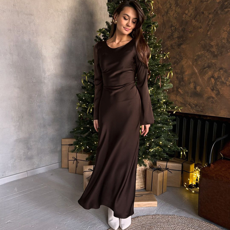 High-End Satin Round Neck Long-Sleeved Dress Women's Cross-Border Foreign Trade Autumn New Elegant Elegant Hip-Hugging Long Skirt