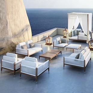 Outdoor Sofa Courtyard Rope Double Sofa Rattan Chair Waterproof Sun Protection Outdoor Balcony Anti-Corrosion Wood Sofa Combination