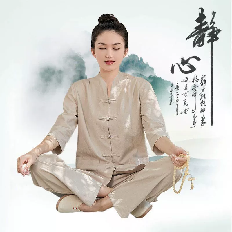 Одежда для мирян для медитации дзен, женский летний костюм из хлопка и льна с рукавами три четверти, женская одежда в буддийском стиле дзен, китайская верхняя одежда для практики дзен