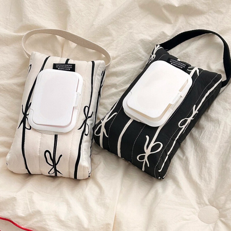 Korean Ins-Style Striped Bow Quilted Fabric Handbag with Hanging Flip Cover and Removable Tissue Bag, Cotton Material