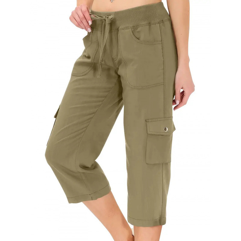 2025 New Cross-Border Women's High-Waisted Drawstring Pocket Cargo Pants A-Line Loose Wide-Leg Adjustable Hem 7-Point Pants