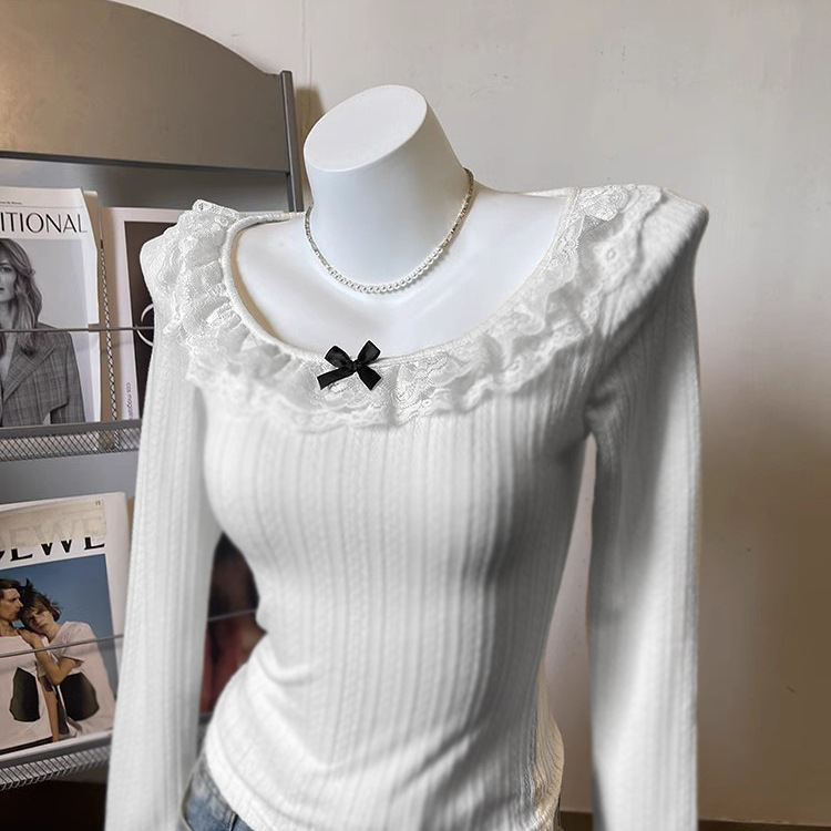 French Style Pure Desire Inner Spring and Autumn Tight Top Women's Short New White Lace Base Shirt Chic Beautiful T-shirt