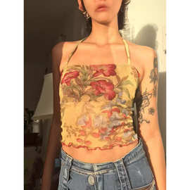 女装花朵印花网纱上衣性感修身交叉挂脖露背吊带背心女露背修身